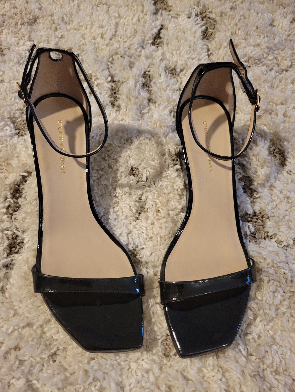 Stuart Weitzman Black Patent Leather Wedge Sandals Ankle Strap Open Toe